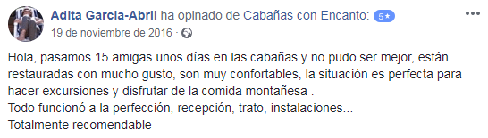 Opinión en Facebook sobre Cabañas con Encanto