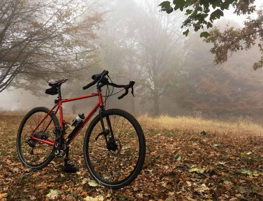 Bicicleta gravel en un bosque de otoño con niebla en los Valles Pasiegos, ideal para rutas de ciclismo en Cantabria.